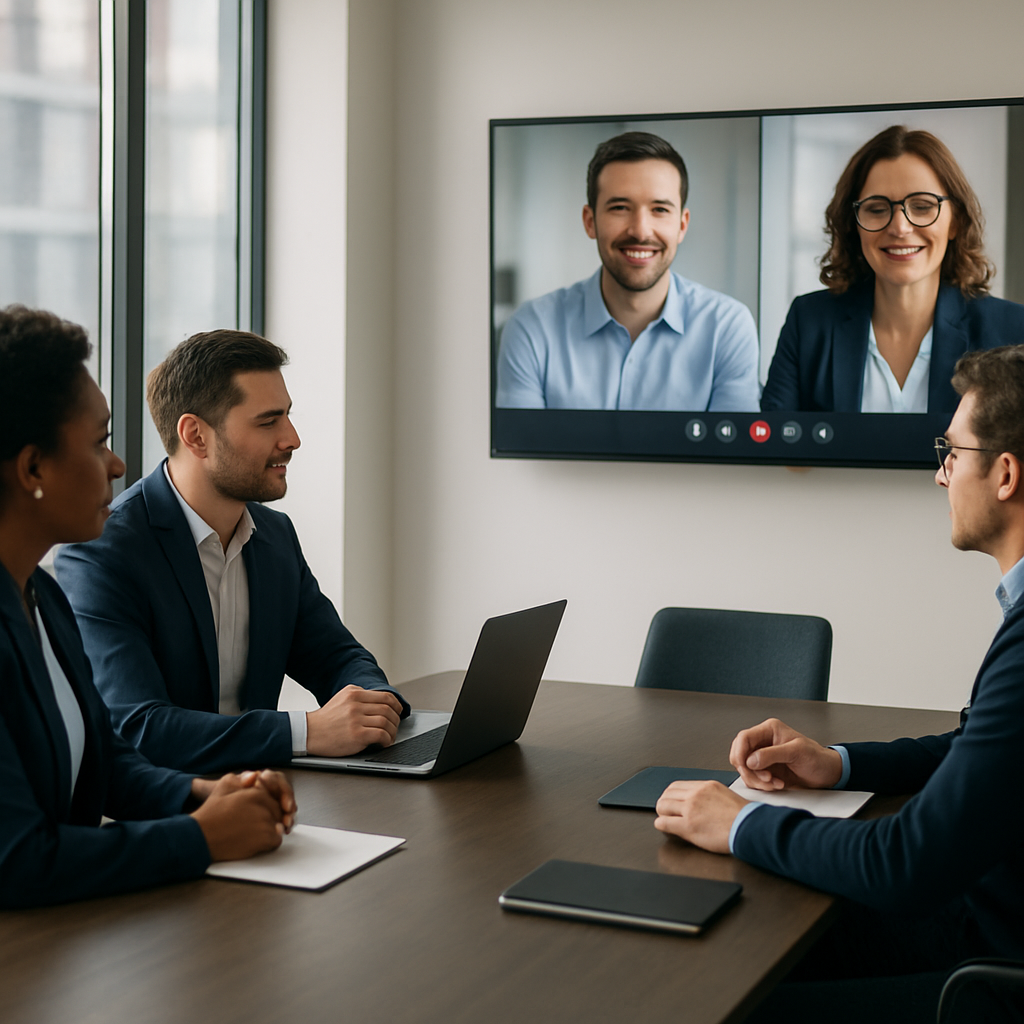 Professionals in einem Video-Call-Meeting im modernen Büro