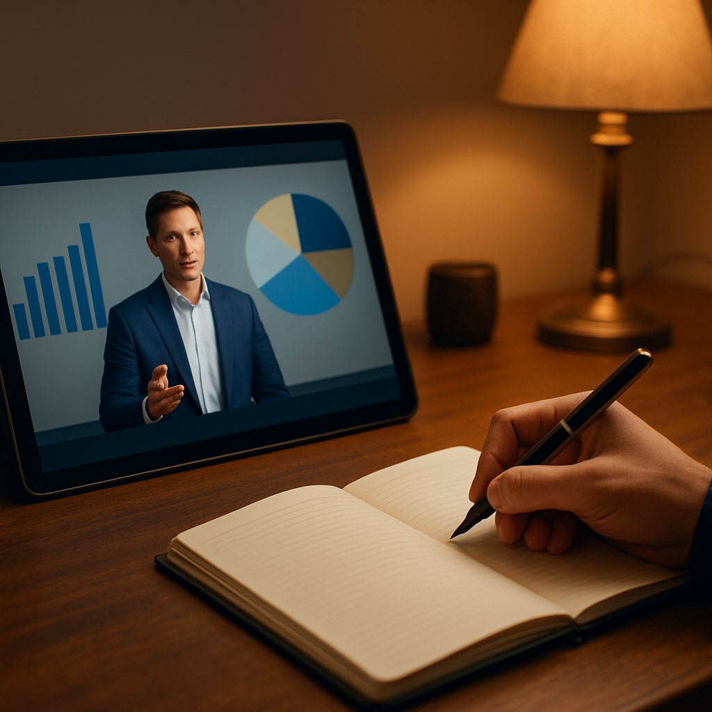 Tablet mit Finanz-Lernvideo und Notizbuch auf einem Schreibtisch